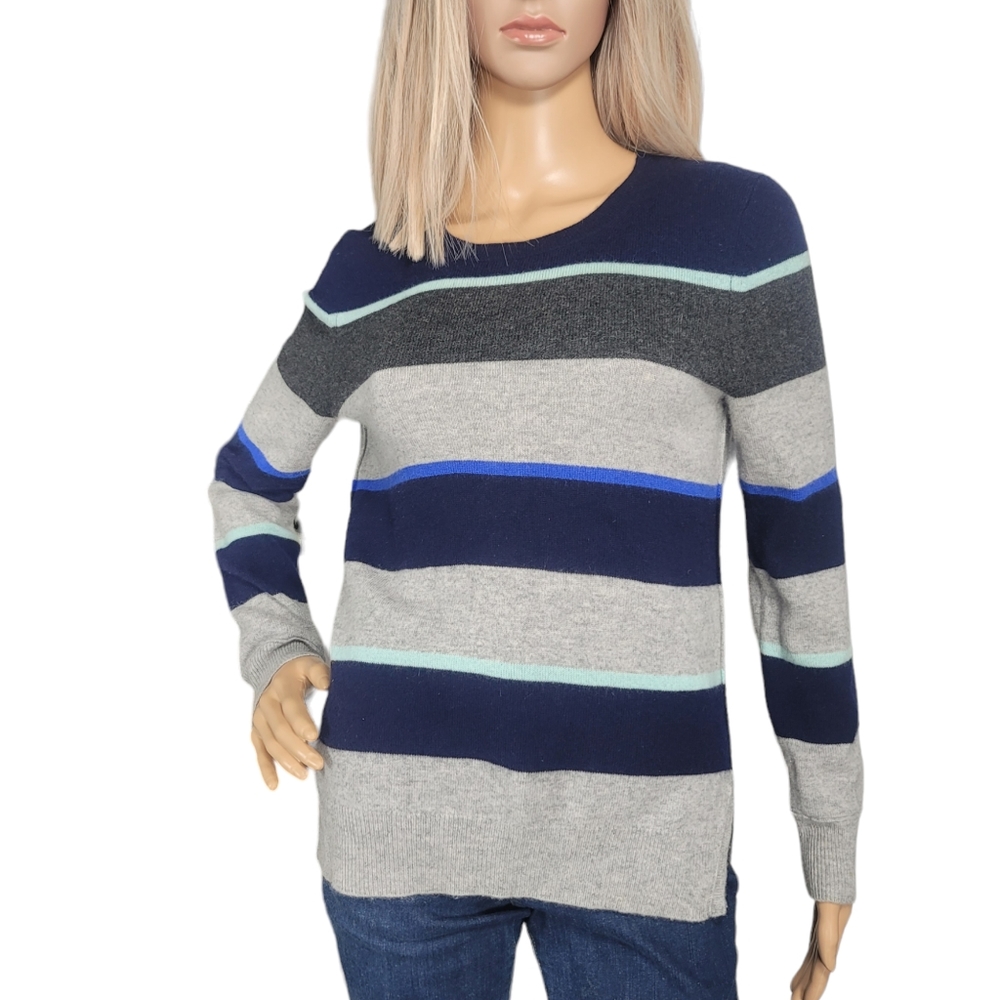 CHARTER CLUB 100 % Cashmere Low High Sweater  Navy Blue Grey Striped Sz M